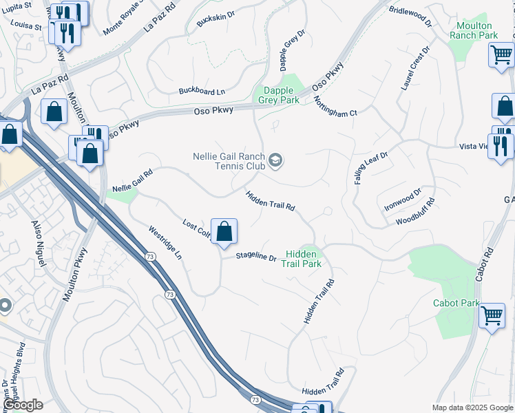 map of restaurants, bars, coffee shops, grocery stores, and more near 27101 Shenandoah Drive in Laguna Hills