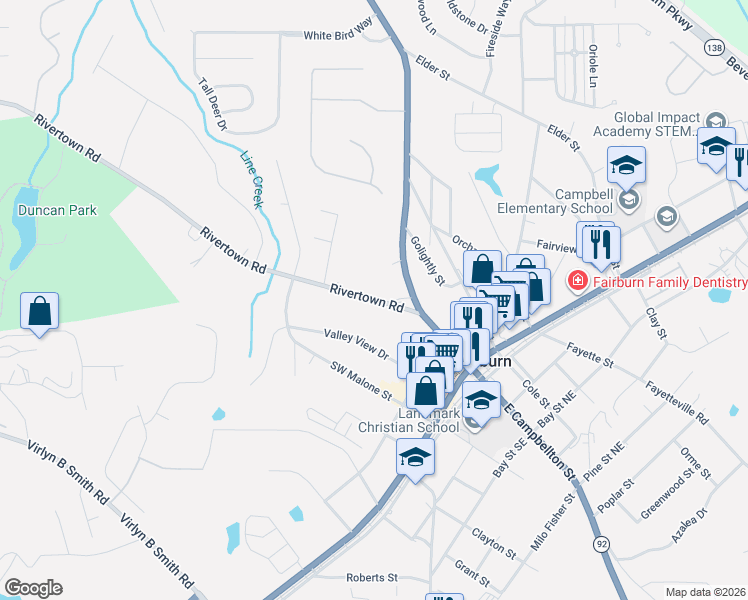 map of restaurants, bars, coffee shops, grocery stores, and more near 136 West Campbellton Street in Fairburn