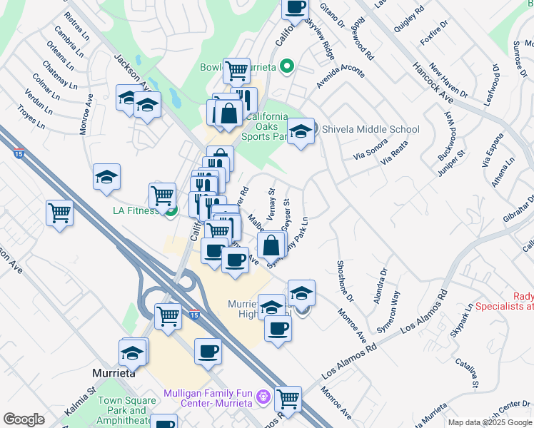 map of restaurants, bars, coffee shops, grocery stores, and more near 40647 Vernay Street in Murrieta