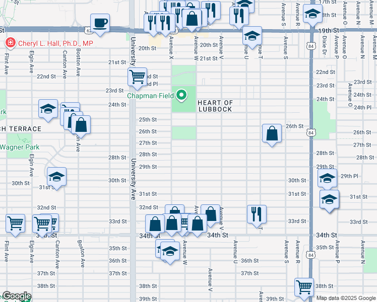 map of restaurants, bars, coffee shops, grocery stores, and more near 2317 27th Street in Lubbock