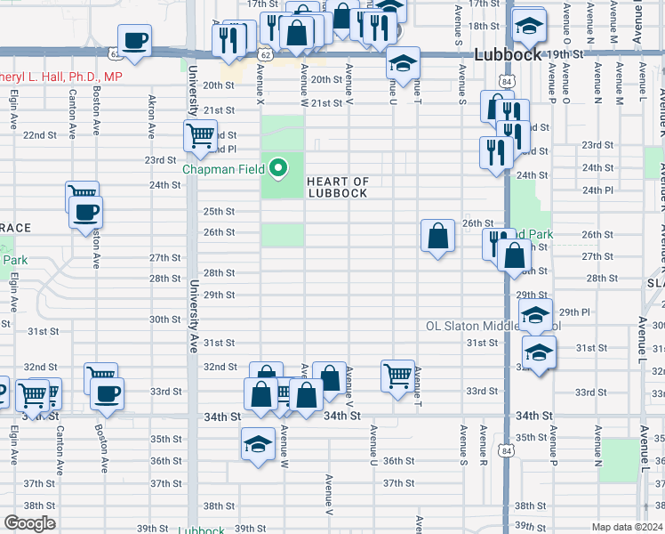 map of restaurants, bars, coffee shops, grocery stores, and more near 2210 28th Street in Lubbock