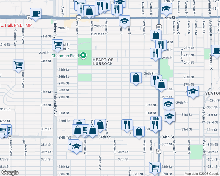 map of restaurants, bars, coffee shops, grocery stores, and more near 2113 27th Street in Lubbock