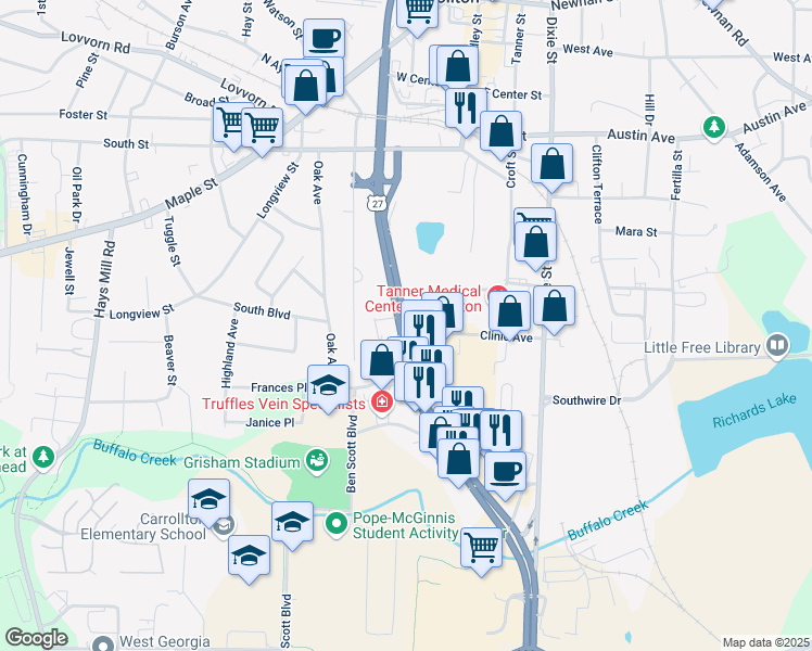 map of restaurants, bars, coffee shops, grocery stores, and more near 612 South Park Street in Carrollton