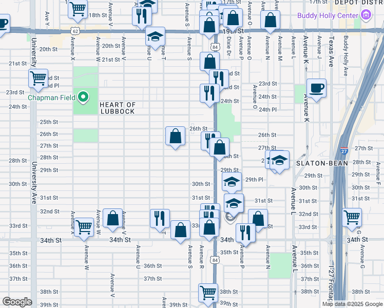 map of restaurants, bars, coffee shops, grocery stores, and more near 1901 27th Street in Lubbock