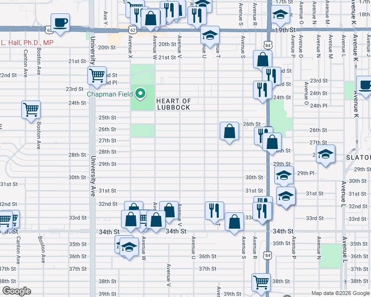map of restaurants, bars, coffee shops, grocery stores, and more near 2113 27th Street in Lubbock