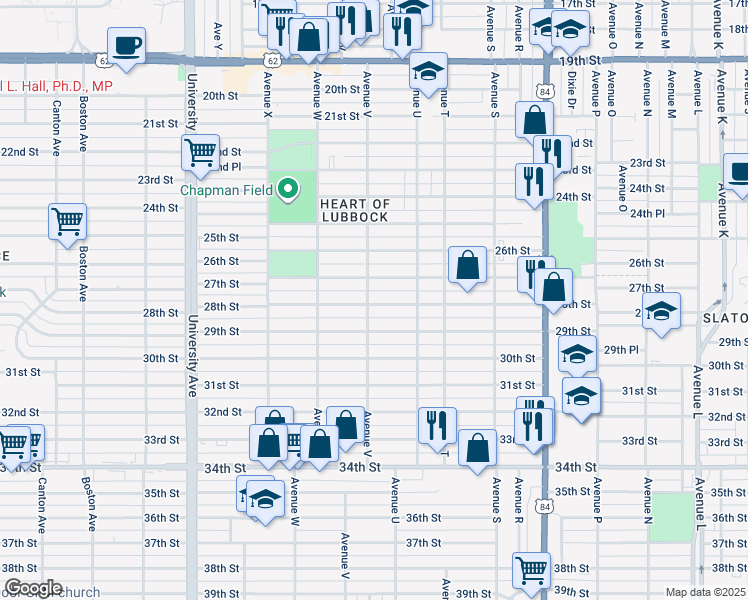 map of restaurants, bars, coffee shops, grocery stores, and more near 2113 27th Street in Lubbock