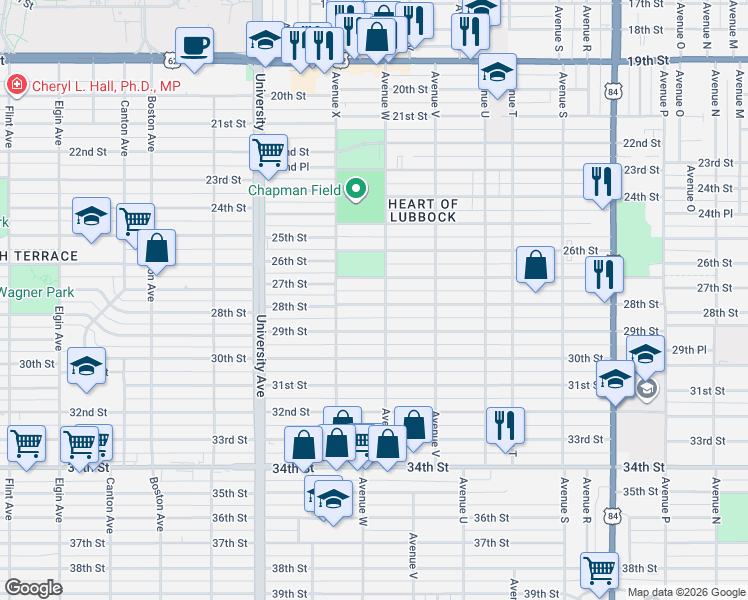 map of restaurants, bars, coffee shops, grocery stores, and more near 2223 27th Street in Lubbock