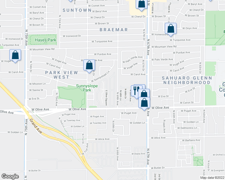 map of restaurants, bars, coffee shops, grocery stores, and more near 9166 North 68th Lane in Peoria