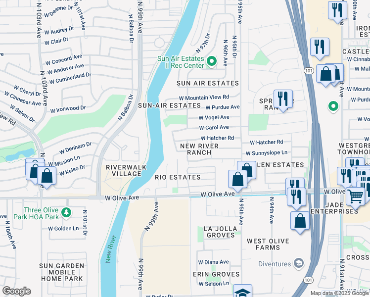 map of restaurants, bars, coffee shops, grocery stores, and more near 9722 West Hatcher Road in Peoria