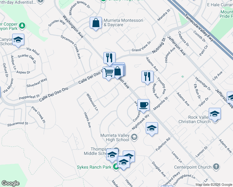 map of restaurants, bars, coffee shops, grocery stores, and more near 42131 Sagewood Street in Murrieta