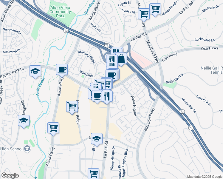 map of restaurants, bars, coffee shops, grocery stores, and more near 27054 La Paz Road in Aliso Viejo