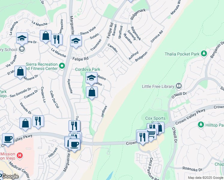 map of restaurants, bars, coffee shops, grocery stores, and more near 27051 El Retiro in Mission Viejo