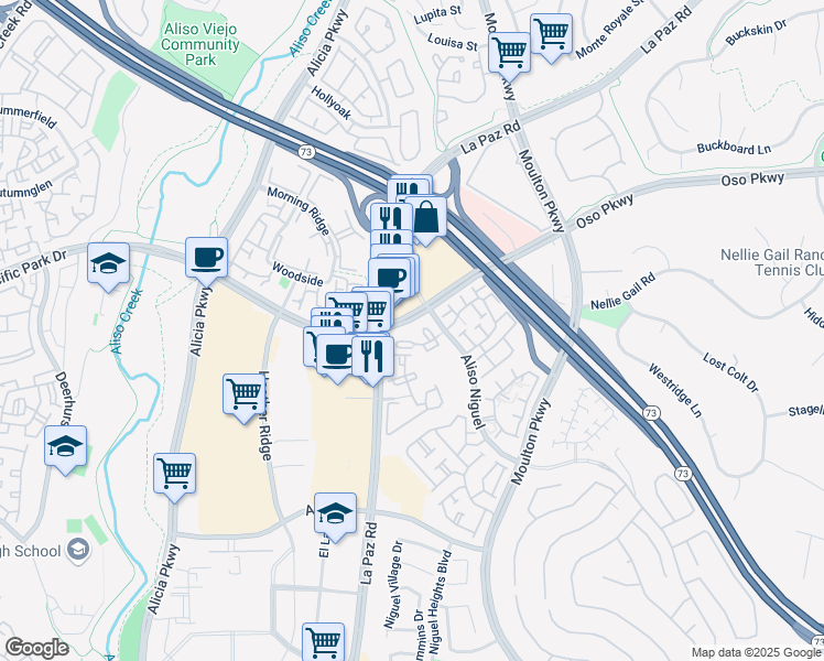 map of restaurants, bars, coffee shops, grocery stores, and more near 27054 La Paz Road in Aliso Viejo