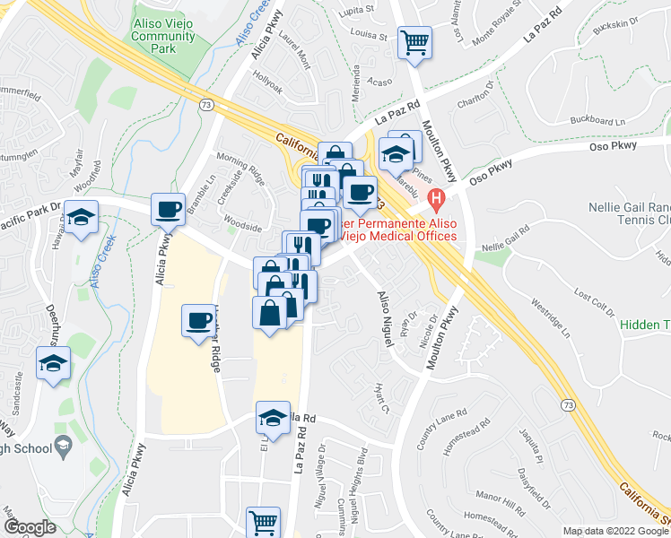 map of restaurants, bars, coffee shops, grocery stores, and more near 27054 La Paz Road in Aliso Viejo