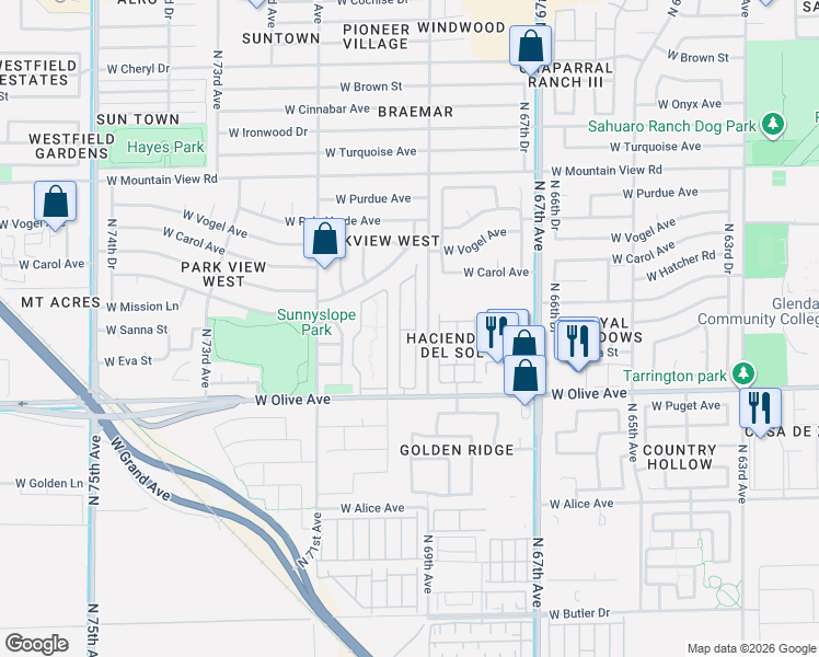 map of restaurants, bars, coffee shops, grocery stores, and more near 9166 North 68th Lane in Peoria