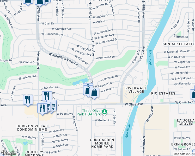 map of restaurants, bars, coffee shops, grocery stores, and more near 10130 West Mountain View Road in Sun City