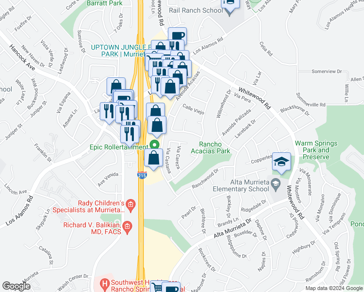 map of restaurants, bars, coffee shops, grocery stores, and more near 25227 Corte Oranada in Murrieta