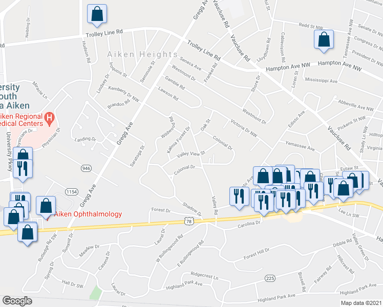 map of restaurants, bars, coffee shops, grocery stores, and more near 814 Valley View Street in Aiken