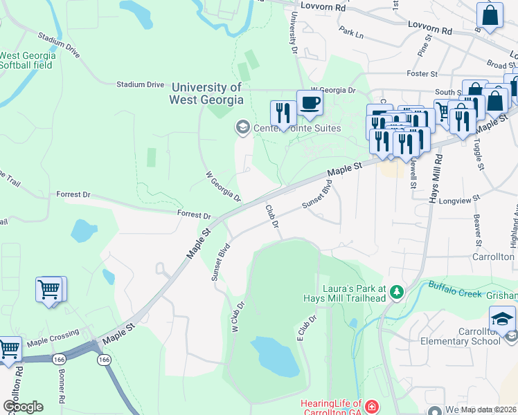 map of restaurants, bars, coffee shops, grocery stores, and more near 1806 Maple Street in Carrollton