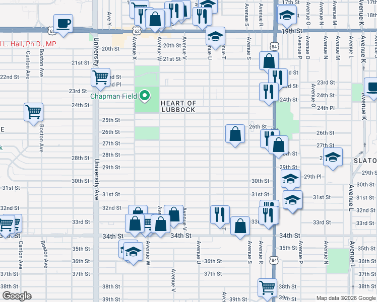 map of restaurants, bars, coffee shops, grocery stores, and more near 2113 27th Street in Lubbock