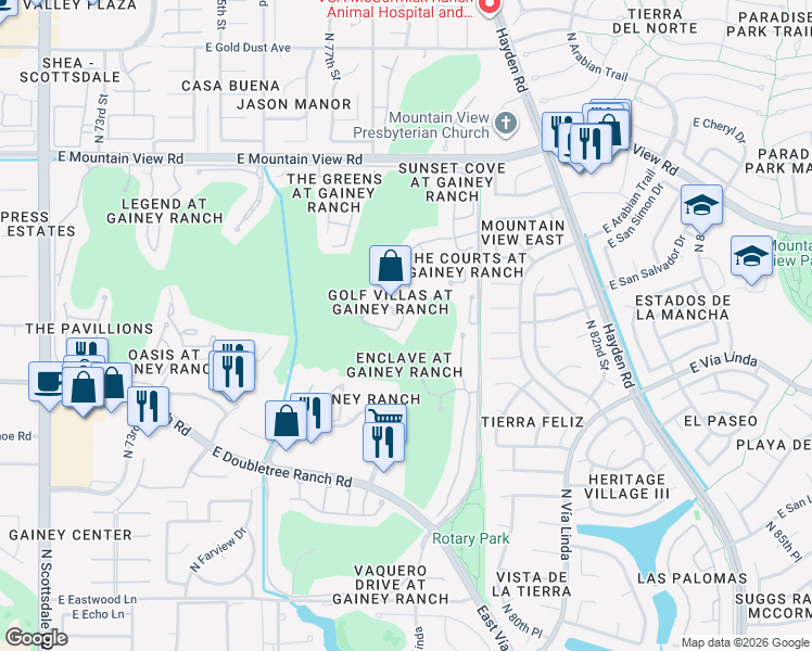 map of restaurants, bars, coffee shops, grocery stores, and more near 7760 East Gainey Ranch Road in Scottsdale
