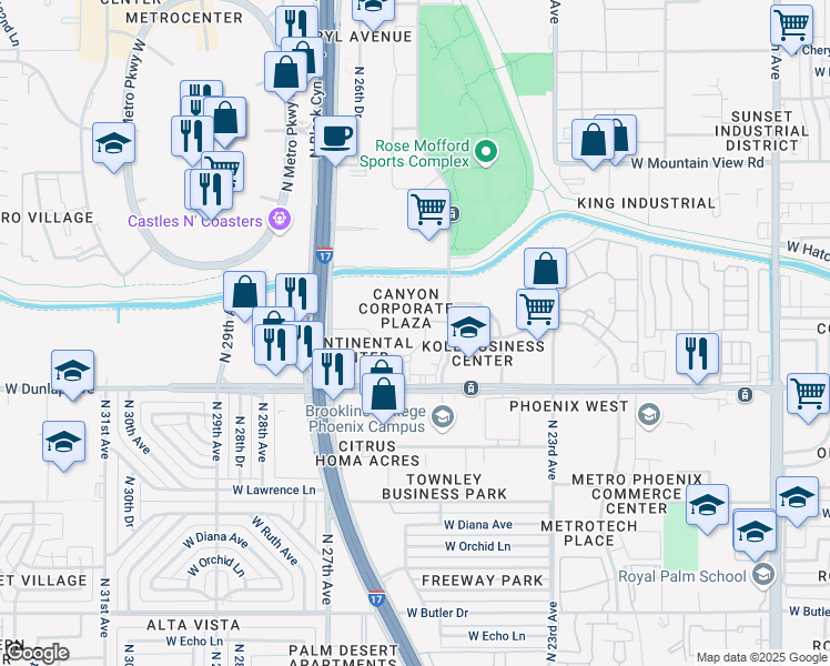 map of restaurants, bars, coffee shops, grocery stores, and more near 2510 West Dunlap Avenue in Phoenix