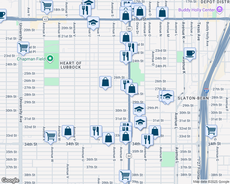 map of restaurants, bars, coffee shops, grocery stores, and more near 1901 27th Street in Lubbock