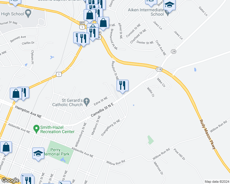 map of restaurants, bars, coffee shops, grocery stores, and more near Brandt Court North East in Aiken