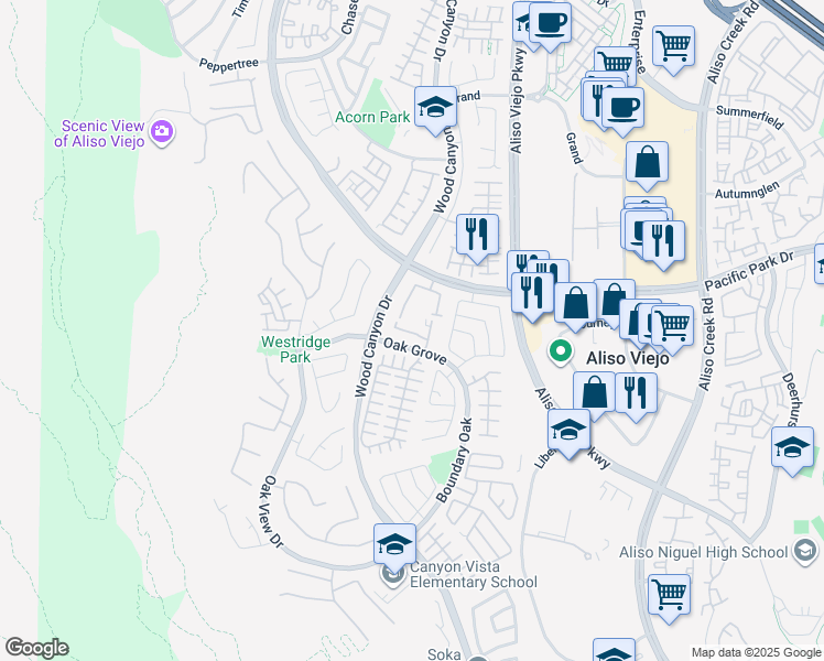 map of restaurants, bars, coffee shops, grocery stores, and more near 22681 Oak Grove in Aliso Viejo