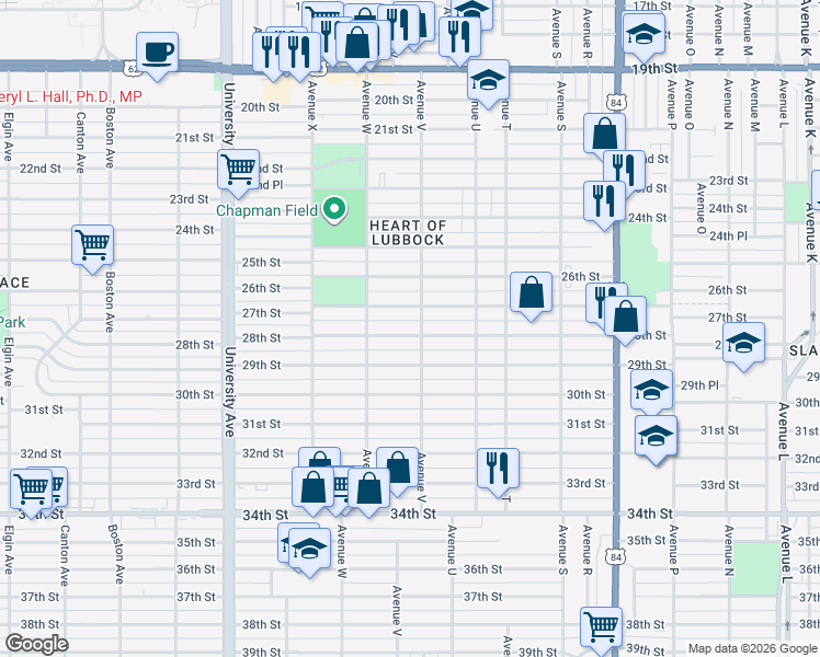 map of restaurants, bars, coffee shops, grocery stores, and more near 2206 28th Street in Lubbock