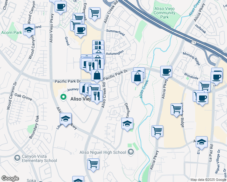 map of restaurants, bars, coffee shops, grocery stores, and more near 23412 Pacific Park Drive in Aliso Viejo