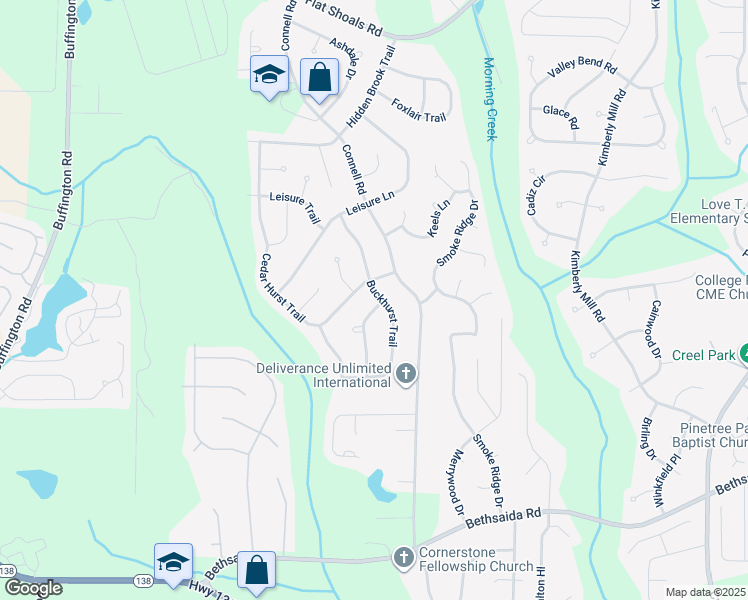map of restaurants, bars, coffee shops, grocery stores, and more near 6520 Buckhurst Trail in Atlanta