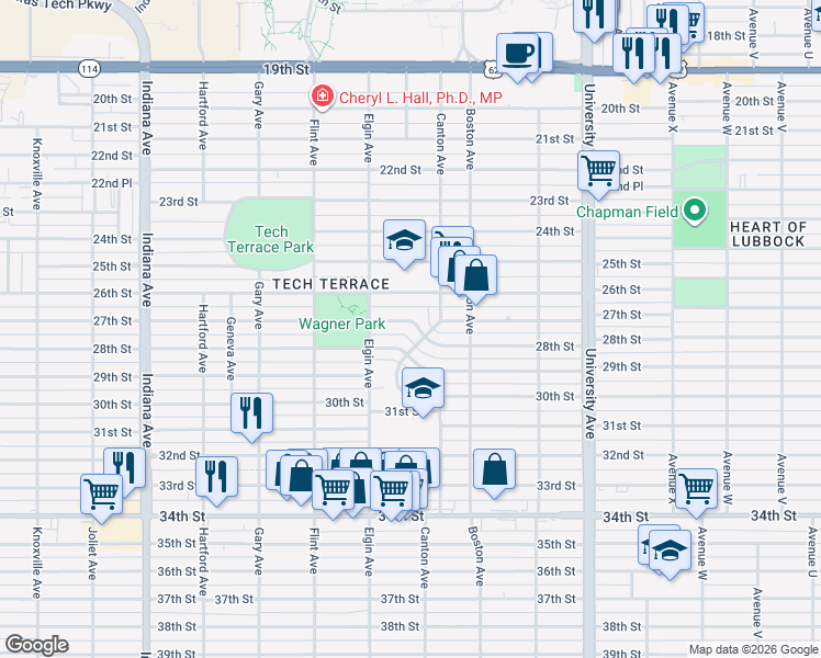 map of restaurants, bars, coffee shops, grocery stores, and more near 2805 27th Street in Lubbock