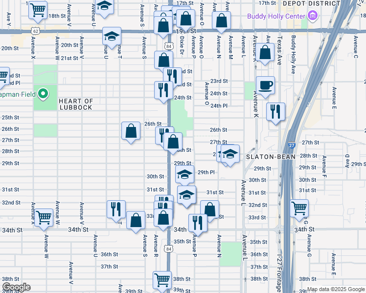 map of restaurants, bars, coffee shops, grocery stores, and more near 1617 27th Street in Lubbock