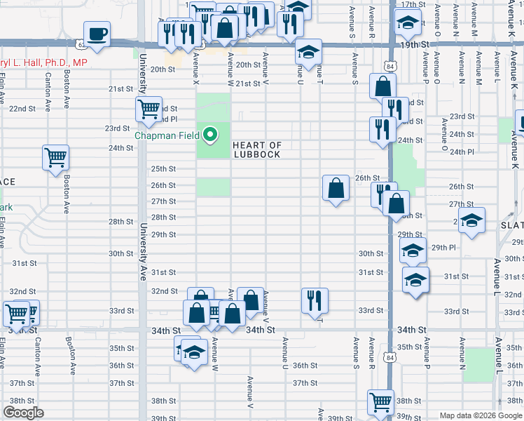 map of restaurants, bars, coffee shops, grocery stores, and more near 2203 27th Street in Lubbock