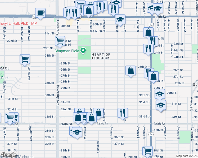 map of restaurants, bars, coffee shops, grocery stores, and more near 2203 27th Street in Lubbock