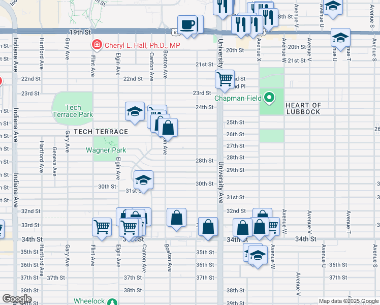 map of restaurants, bars, coffee shops, grocery stores, and more near 2608 Akron Avenue in Lubbock