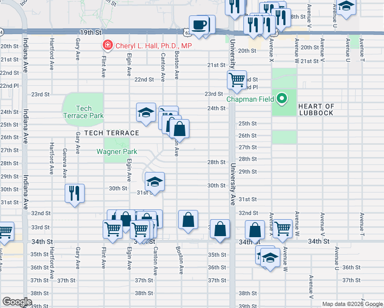 map of restaurants, bars, coffee shops, grocery stores, and more near 2618 27th Street in Lubbock