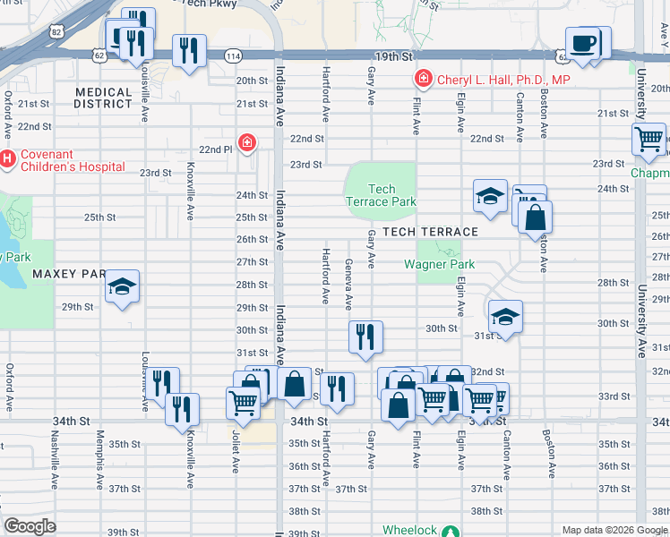 map of restaurants, bars, coffee shops, grocery stores, and more near 3208 27th Street in Lubbock