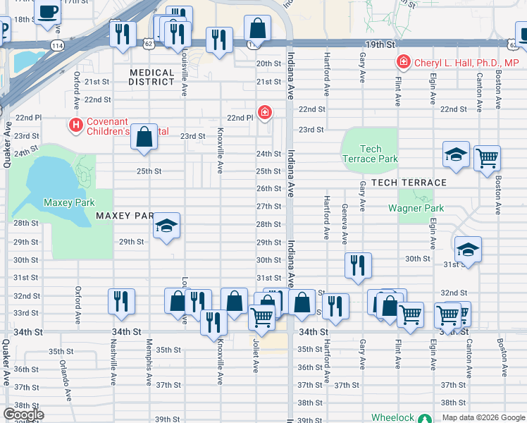 map of restaurants, bars, coffee shops, grocery stores, and more near 3412 27th Street in Lubbock