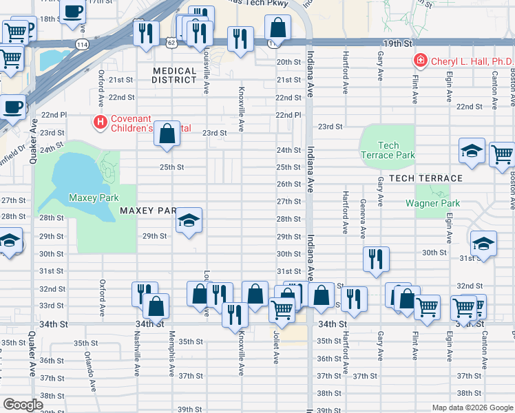 map of restaurants, bars, coffee shops, grocery stores, and more near 3506 27th Street in Lubbock