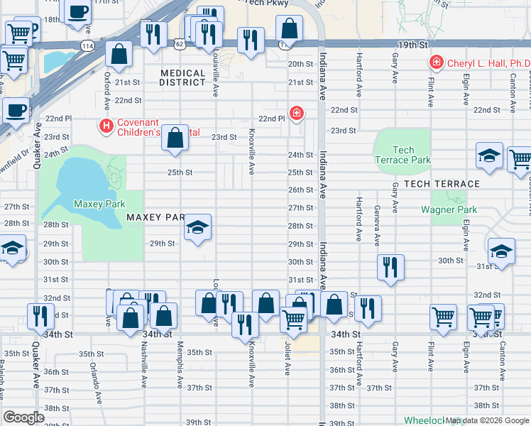 map of restaurants, bars, coffee shops, grocery stores, and more near 3520 27th Street in Lubbock