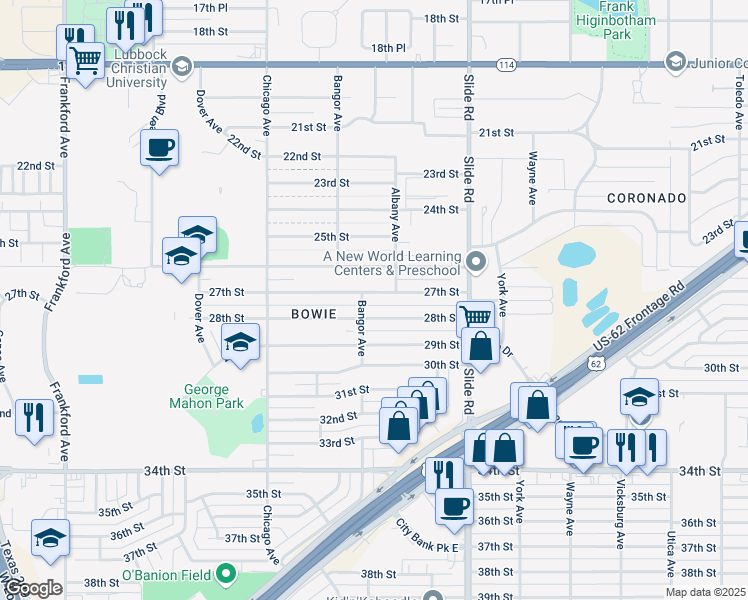 map of restaurants, bars, coffee shops, grocery stores, and more near 5306 27th Street in Lubbock