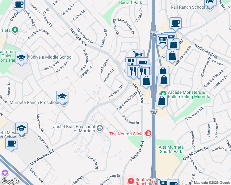 map of restaurants, bars, coffee shops, grocery stores, and more near 40027 Gibraltar Drive in Murrieta