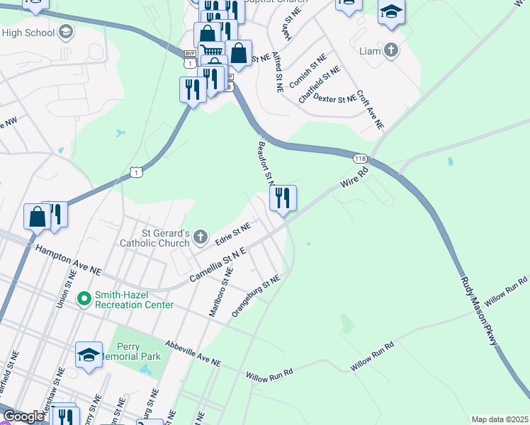 map of restaurants, bars, coffee shops, grocery stores, and more near 723 Edrie Street Northeast in Aiken