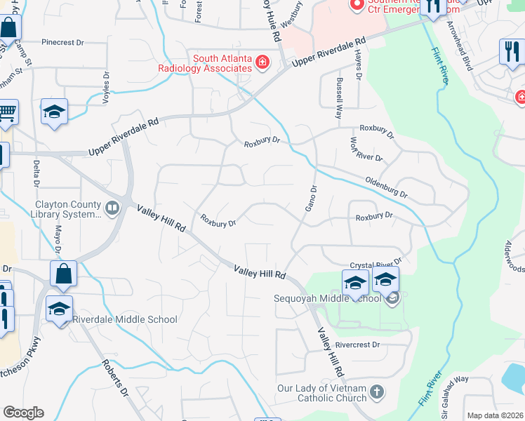 map of restaurants, bars, coffee shops, grocery stores, and more near 602 Roxbury Drive in Riverdale