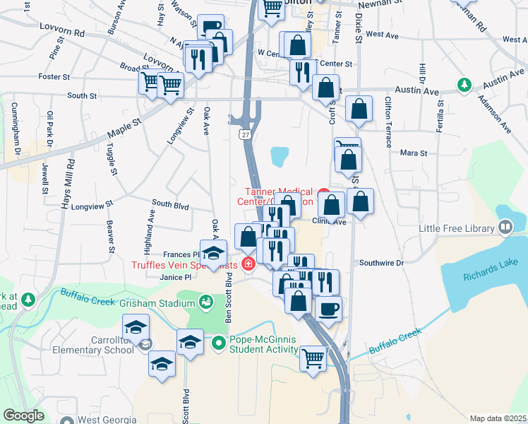 map of restaurants, bars, coffee shops, grocery stores, and more near 620 South Park Street in Carrollton