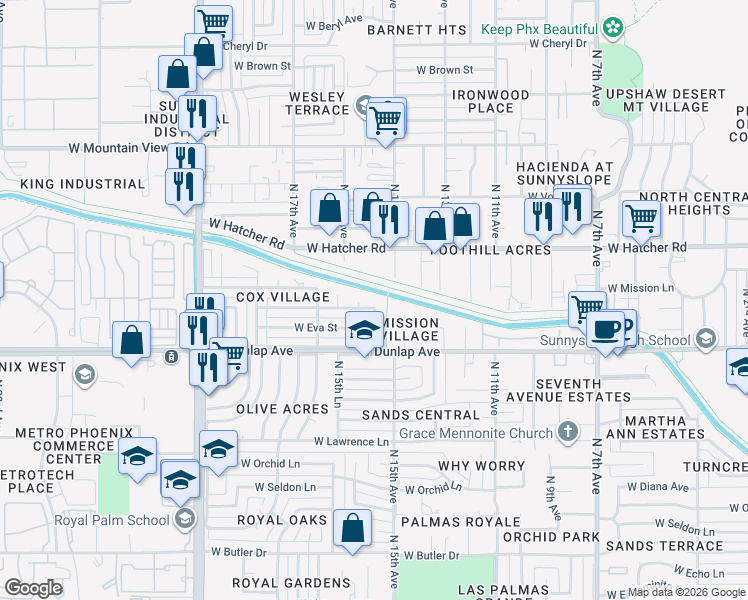 map of restaurants, bars, coffee shops, grocery stores, and more near 9220 North 15th Avenue in Phoenix