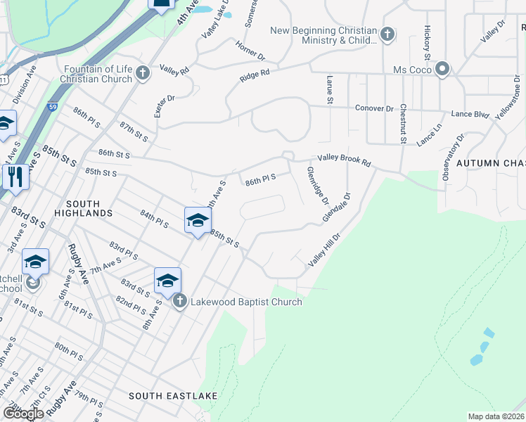 map of restaurants, bars, coffee shops, grocery stores, and more near 8616 9th Court South in Birmingham