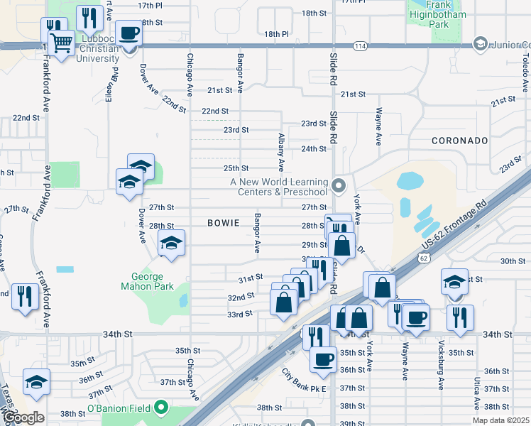 map of restaurants, bars, coffee shops, grocery stores, and more near 5306 27th Street in Lubbock